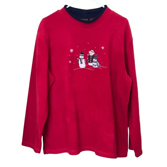 VTG Festive Snowmen Winter Fleece Sweatshirt XL Pullover Mockneck Top Red Black - Picture 1 of 10